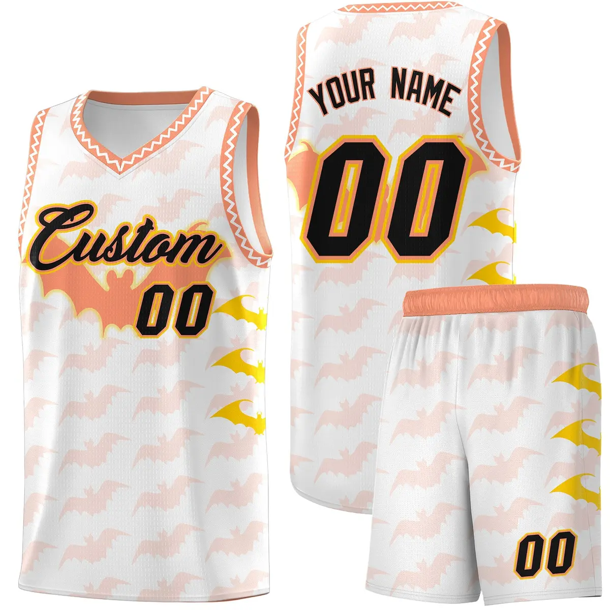 White Gold Light Orange Halloween Bat Pattern Basketball Jersey