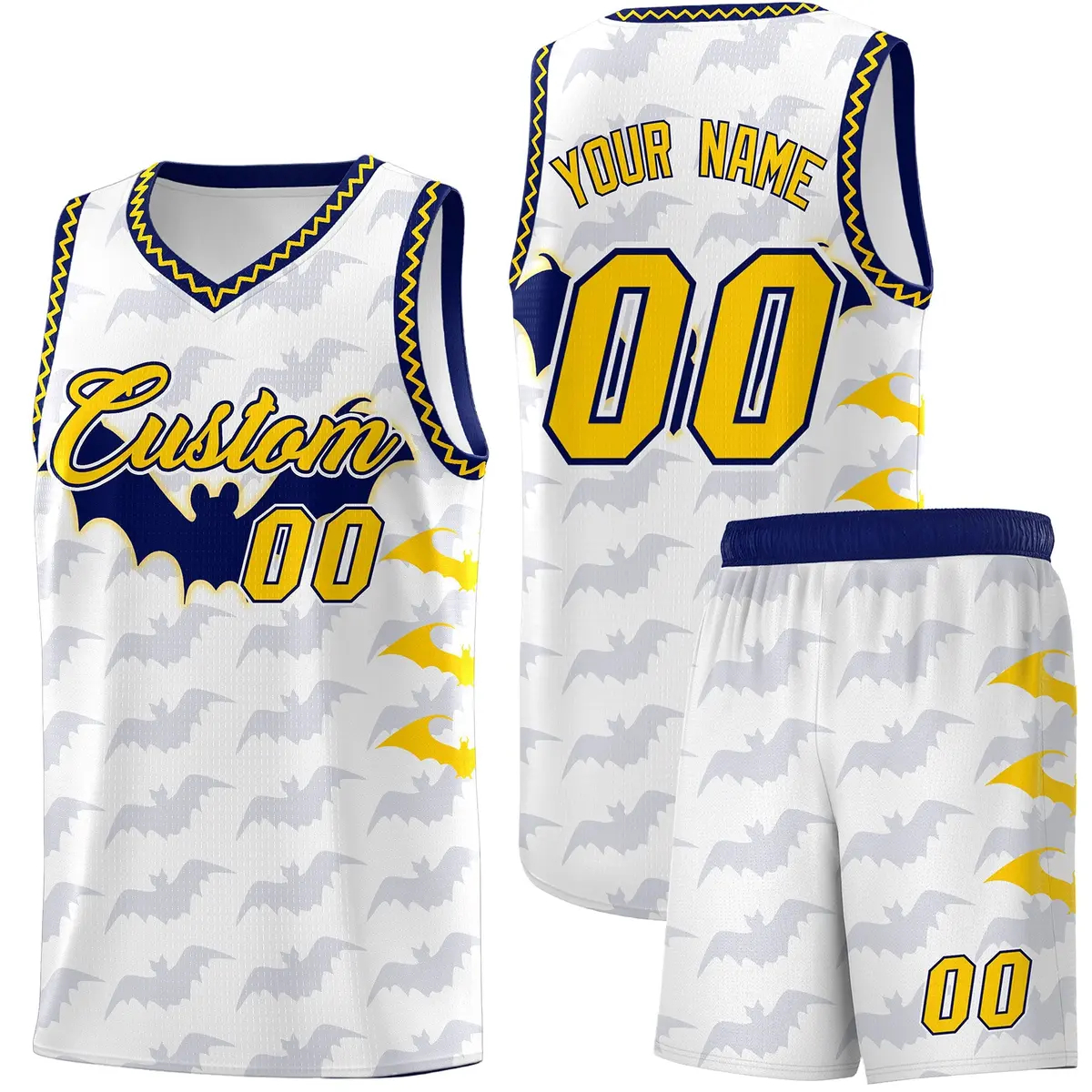 White Gold Navy Bat Pattern Halloween Basketball Jersey