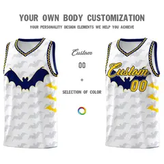 White Gold Navy Bat Pattern Halloween Basketball Jersey 3