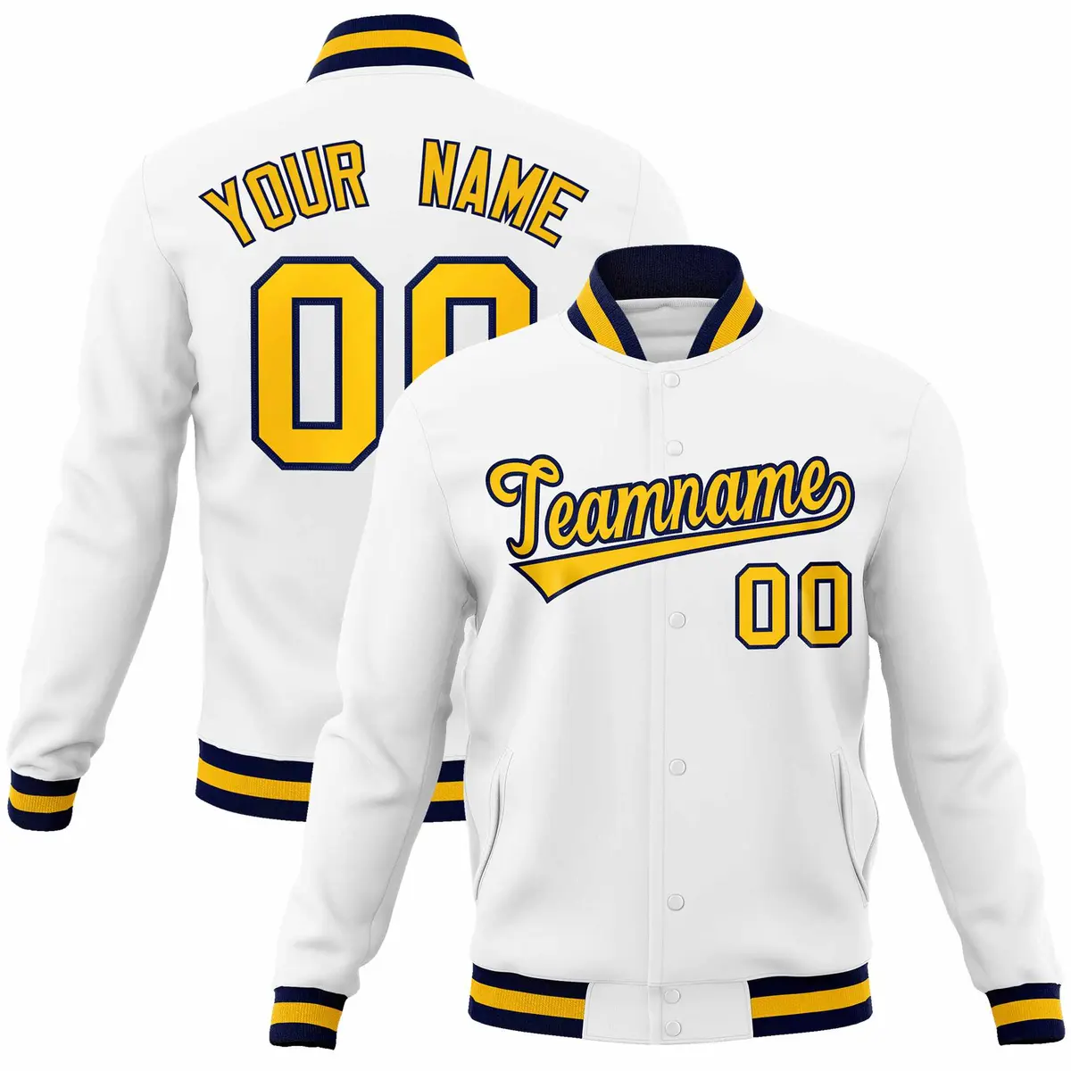 White Gold-Navy Classic Varsity Full-Snap Letterman Jacket