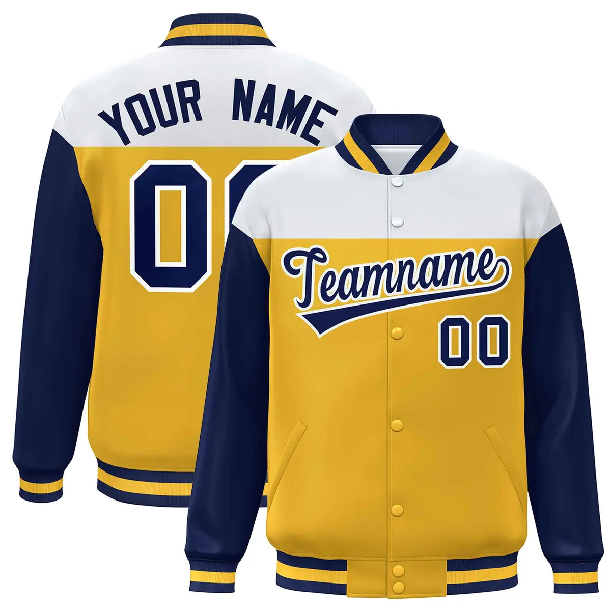 White Gold-Navy Color Block Letterman Varsity Baseball Jacket