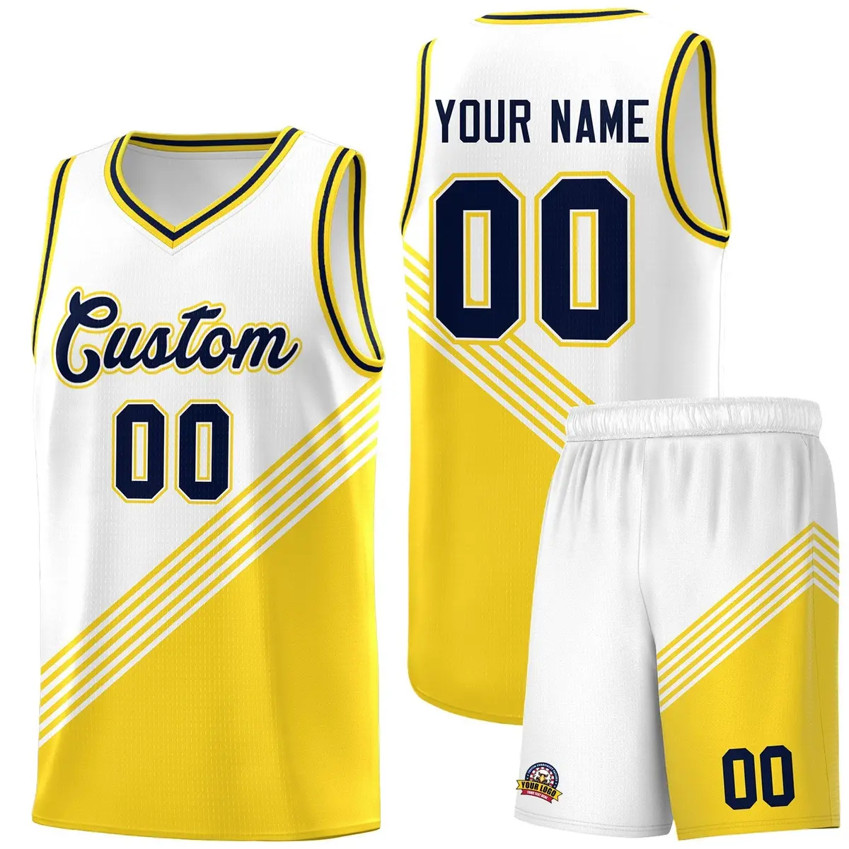 White Gold Navy Diagonal Stripes Color Block Basketball Jersey Sets
