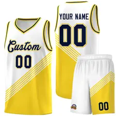 White Gold Navy Diagonal Stripes Color Block Basketball Jersey Sets 1