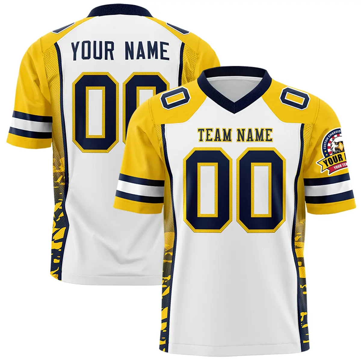 White Gold-Navy Raglan Side Pattern Football Jersey