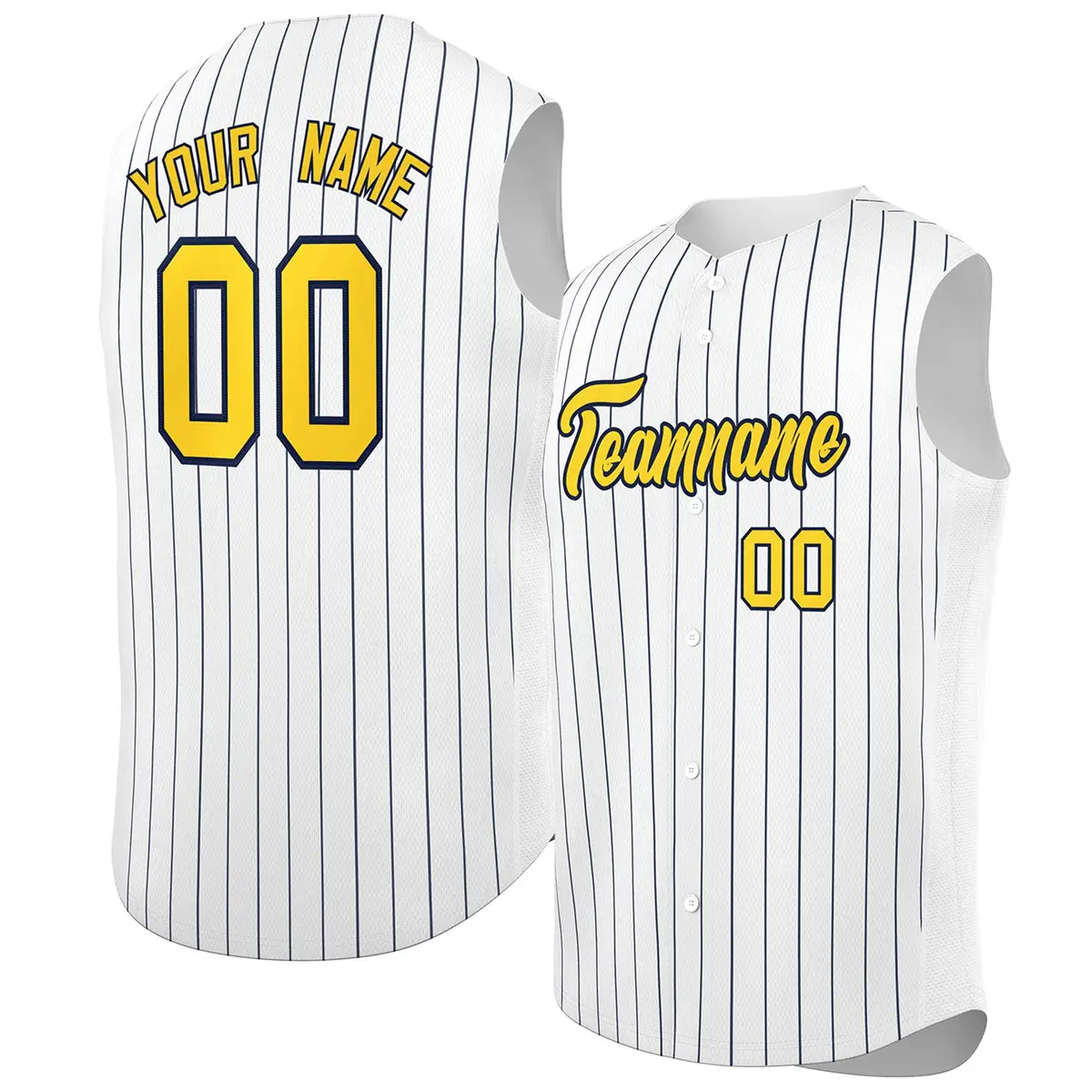 White Gold-Navy Striped Sleeveless Fashion Baseball Jersey