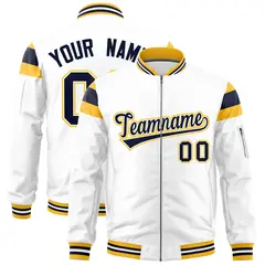 White Gold-Navy Varsity Full-Zip Shoulder Color Block Letterman Bomber Jacket 1