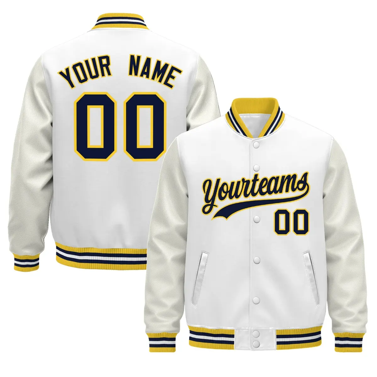 White Gold Navy Varsity Jacket with Faux Leather Sleeves