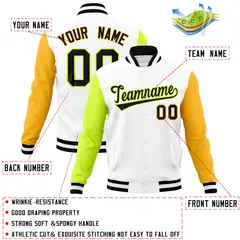 White Gold-Neon Green Raglan Full-Snap Varsity Letterman Jacket 4