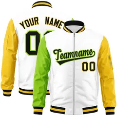 White Gold-Neon Green Raglan Sleeves Full-Zip Letterman Bomber Jacket 1