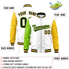 White Gold-Neon Green Raglan Sleeves Full-Zip Letterman Bomber Jacket 2