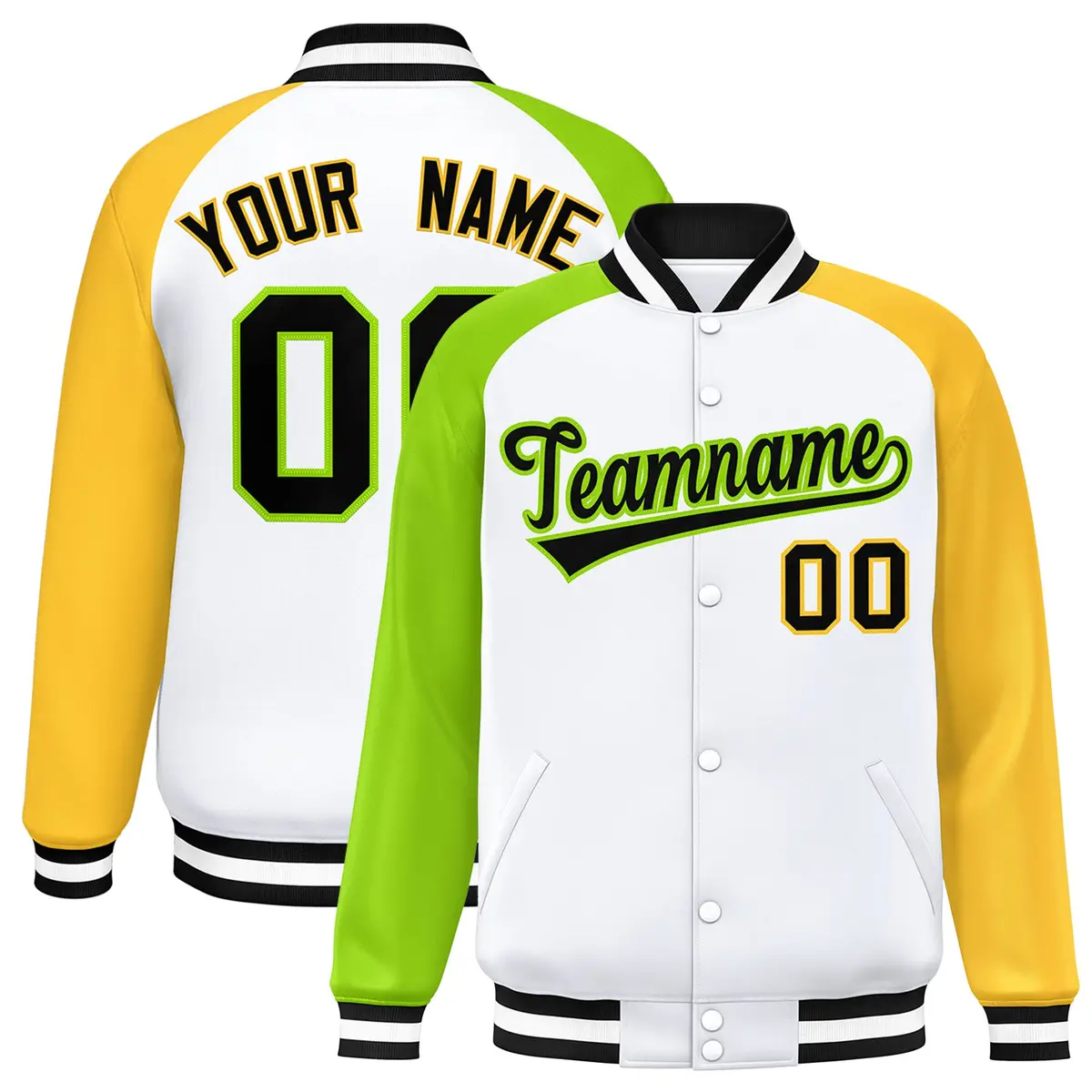 White Gold-Neon Green Varsity Raglan Letterman Bomber Jacket