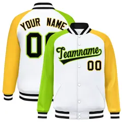 White Gold-Neon Green Varsity Raglan Letterman Bomber Jacket 1