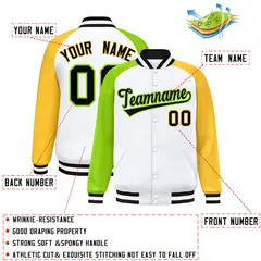 White Gold-Neon Green Varsity Raglan Letterman Bomber Jacket 2