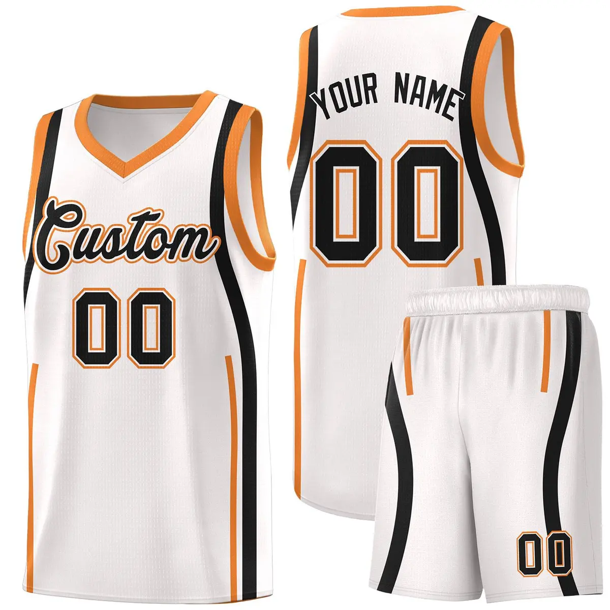 White Gold Orange-Black Ribbon Pattern Basketball Kits