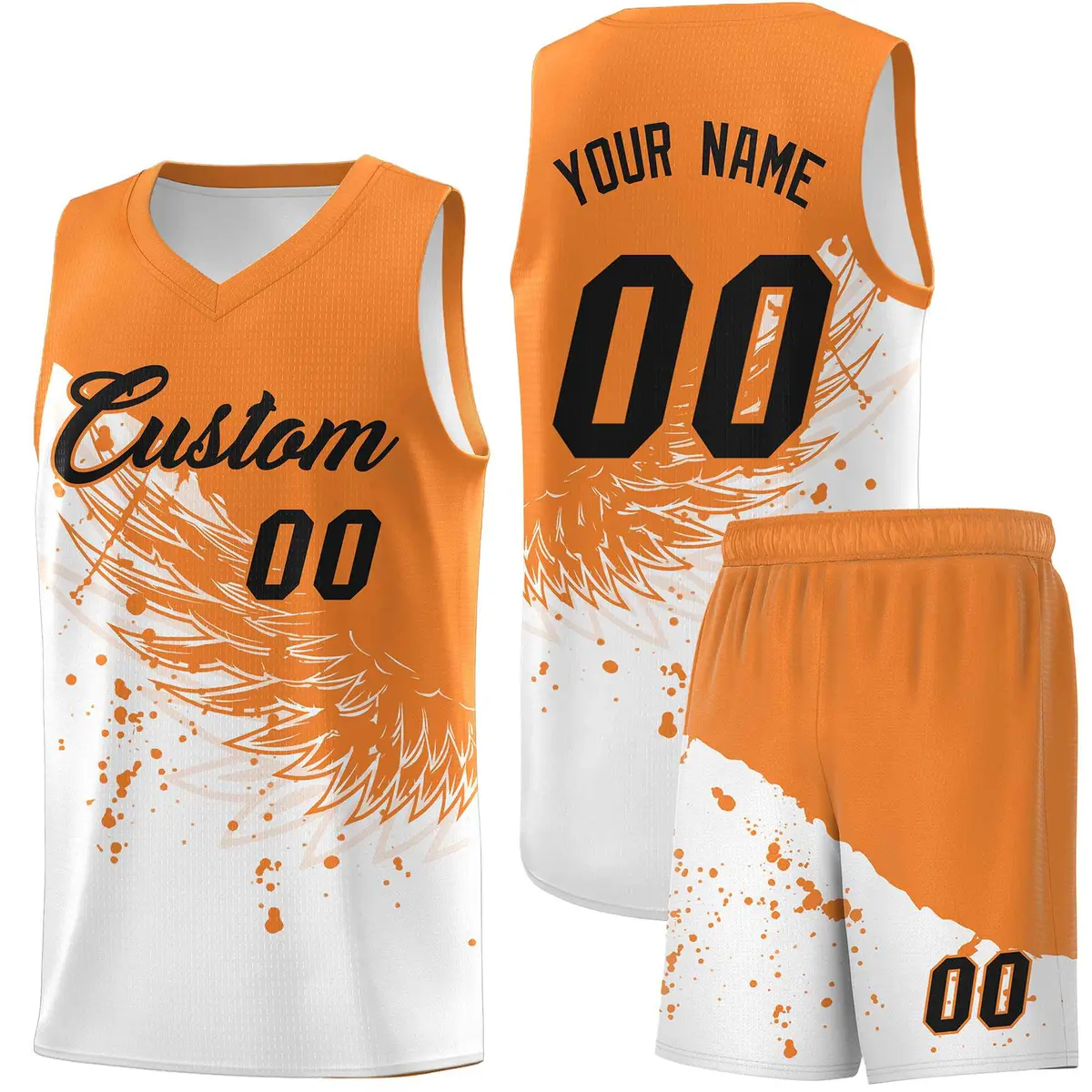 White Gold Orange Wing Pattern Basketball Jersey