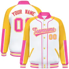 White Gold-Pink Raglan Full-Snap Letterman Baseball Jacket 1