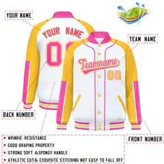 White Gold-Pink Raglan Full-Snap Letterman Baseball Jacket 2