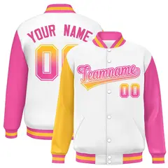 White Gold-Pink Raglan Varsity Full-Snap Letterman Baseball Jacket