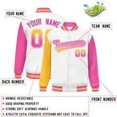 White Gold-Pink Raglan Varsity Full-Snap Letterman Baseball Jacket 2