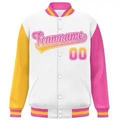 White Gold-Pink Raglan Varsity Full-Snap Letterman Baseball Jacket 3