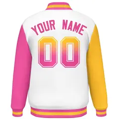 White Gold-Pink Raglan Varsity Full-Snap Letterman Baseball Jacket 4