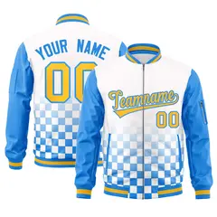 White Gold-Powder Blue Grid Color Block Letterman Raglan Jacket 1