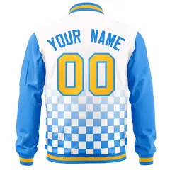 White Gold-Powder Blue Grid Color Block Letterman Raglan Jacket 4