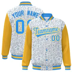 White Gold-Powder Blue Line Graffiti Varsity Raglan Letterman Jacket
