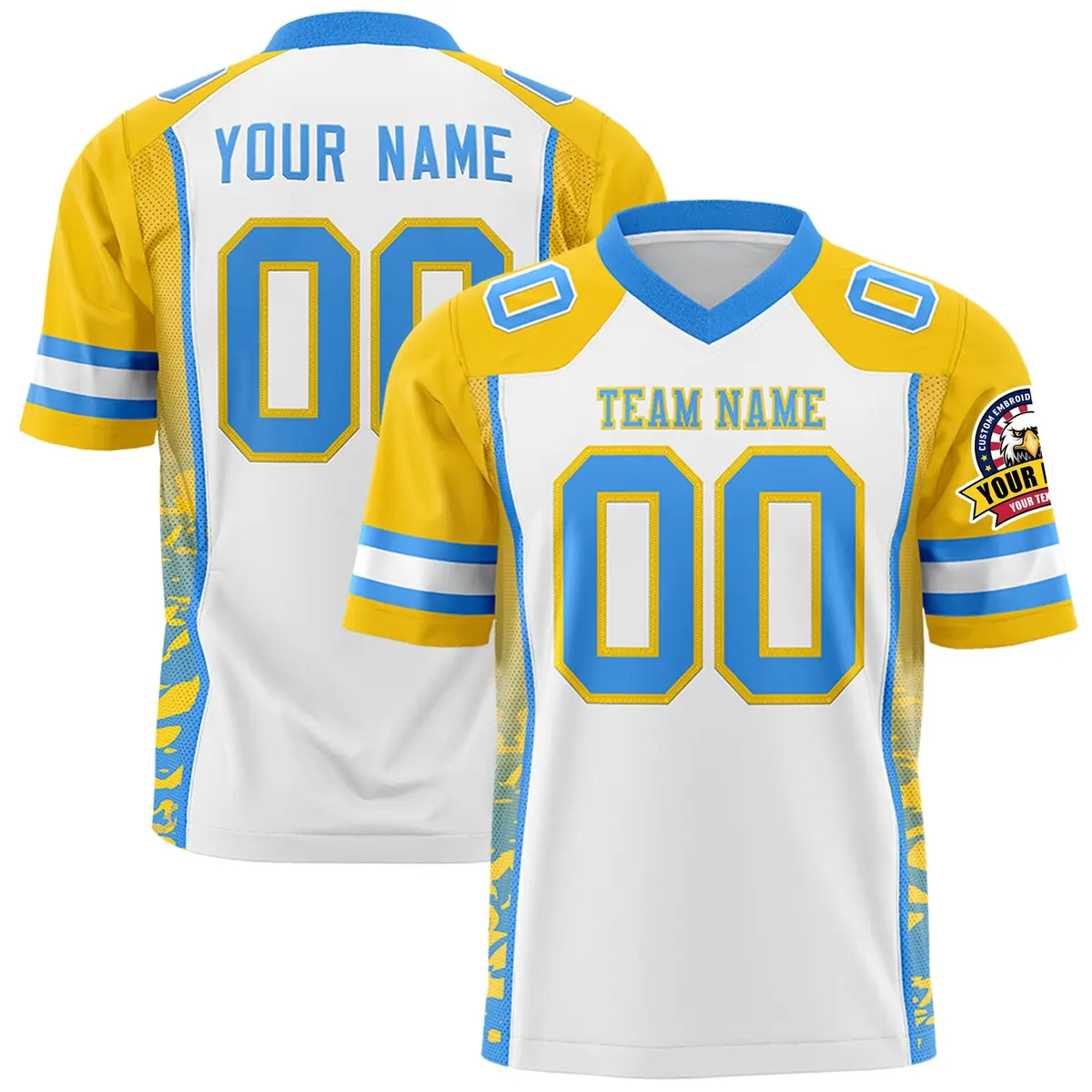 White Gold-Powder Blue Raglan Side Pattern Football Jersey
