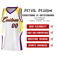 White Gold Purple Color Block Basketball Jersey 2
