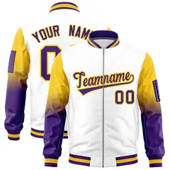 White Gold-Purple Raglan Gradient Full-Zip Varsity Letterman Bomber Jacket