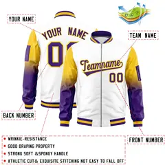 White Gold-Purple Raglan Gradient Full-Zip Varsity Letterman Bomber Jacket 2