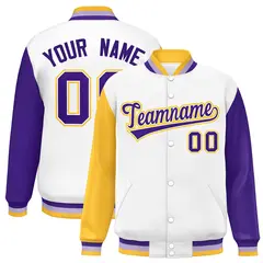 White Gold-Purple Raglan Varsity Full-Snap Letterman Baseball Jacket