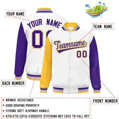 White Gold-Purple Raglan Varsity Full-Snap Letterman Baseball Jacket 2