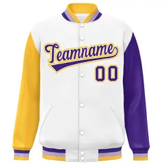 White Gold-Purple Raglan Varsity Full-Snap Letterman Baseball Jacket 3