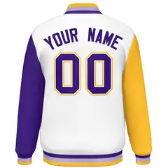 White Gold-Purple Raglan Varsity Full-Snap Letterman Baseball Jacket 4