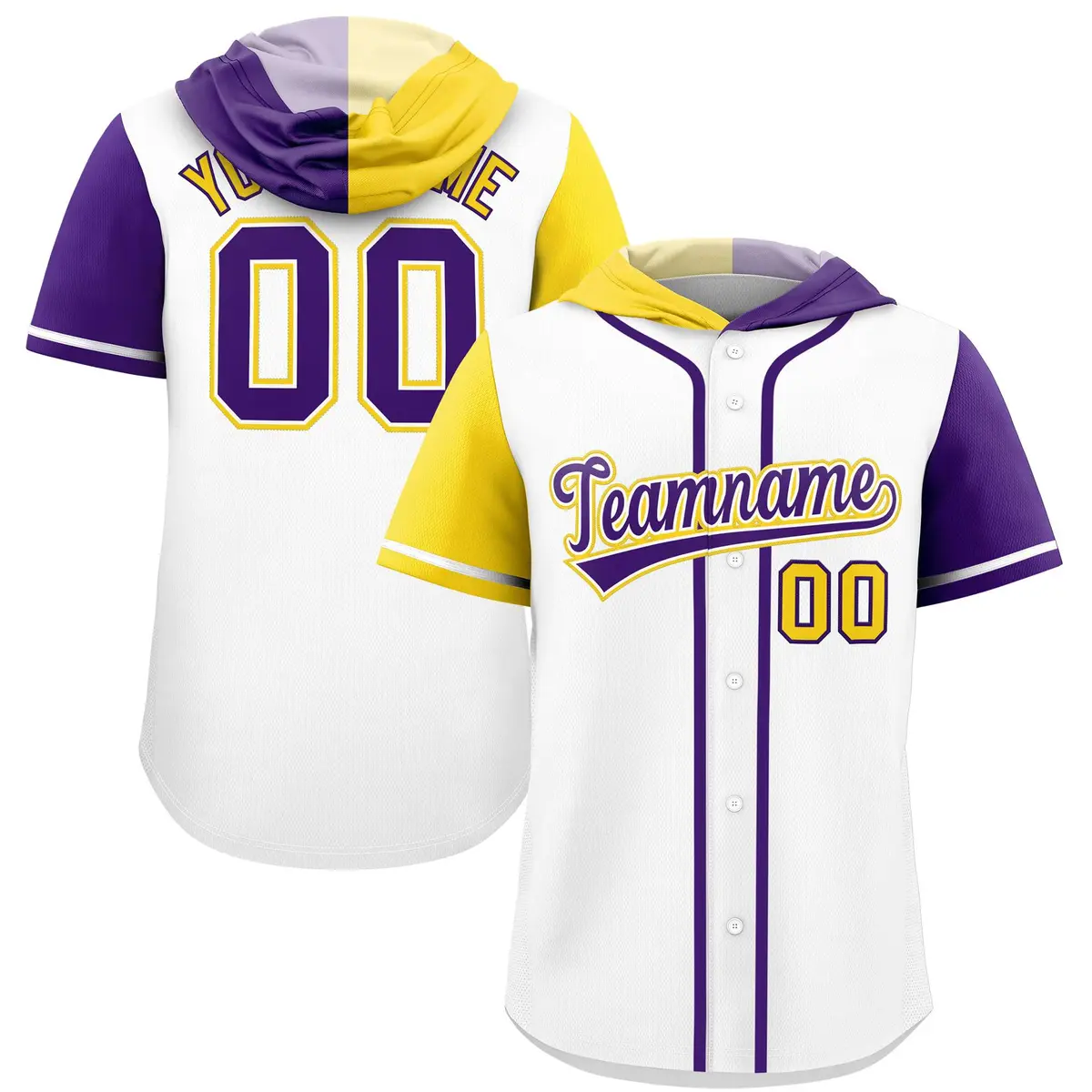 White Gold Purple Split Raglan Baseball Hoodie Jersey
