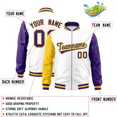 White Gold Purple Varsity Letterman Bomber Jacket Full-Zip Raglan 2