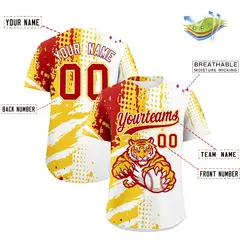 White Gold Red Full-Snap Tiger Graffiti Baseball Jersey 2