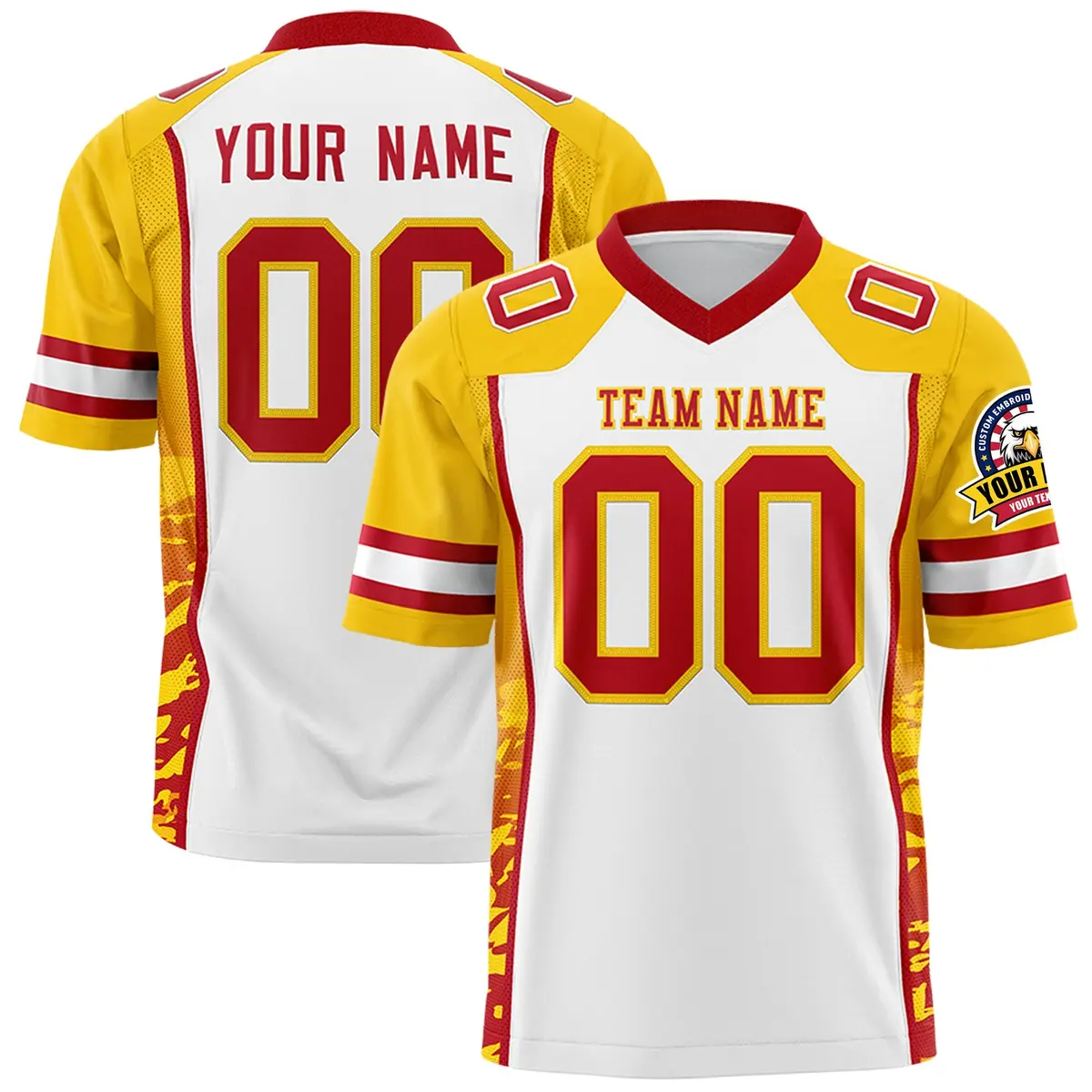 White Gold-Red Raglan Side Pattern Football Jersey