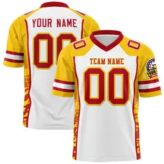 White Gold-Red Raglan Side Pattern Football Jersey 1