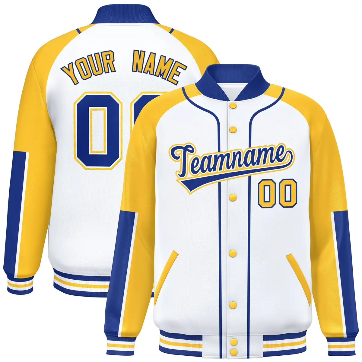 White Gold-Royal Raglan Full-Snap Letterman Baseball Jacket