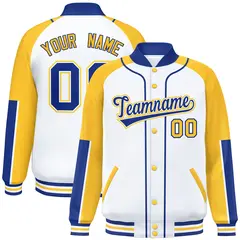 White Gold-Royal Raglan Full-Snap Letterman Baseball Jacket 1