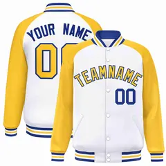 White Gold-Royal Raglan Sleeve Full-Snap Varsity Letterman Jacket