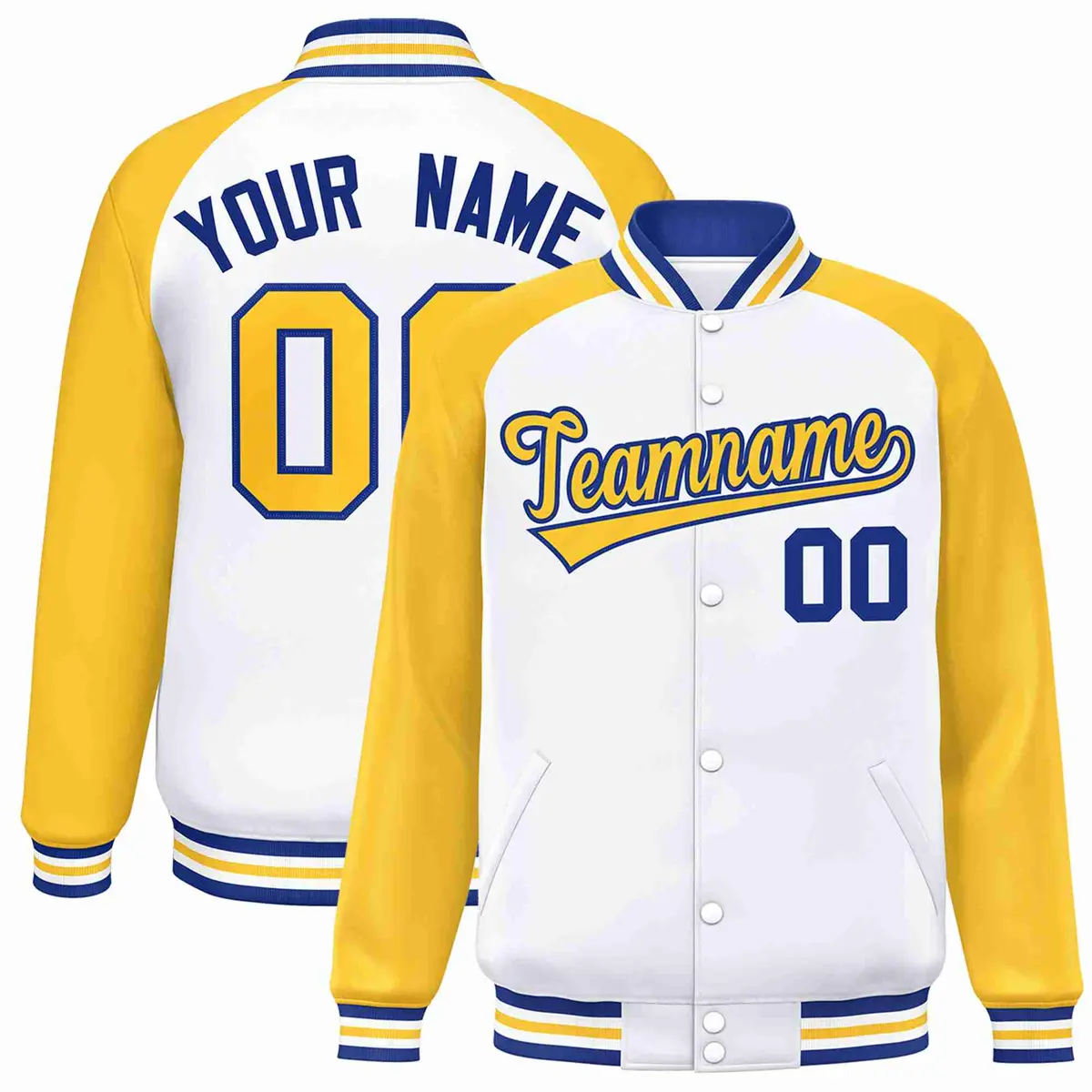 White Gold-Royal Raglan Sleeve Full-Snap Varsity Letterman Jacket