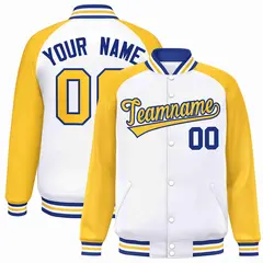 White Gold-Royal Raglan Sleeve Full-Snap Varsity Letterman Jacket
