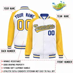 White Gold-Royal Raglan Sleeve Full-Snap Varsity Letterman Jacket 2