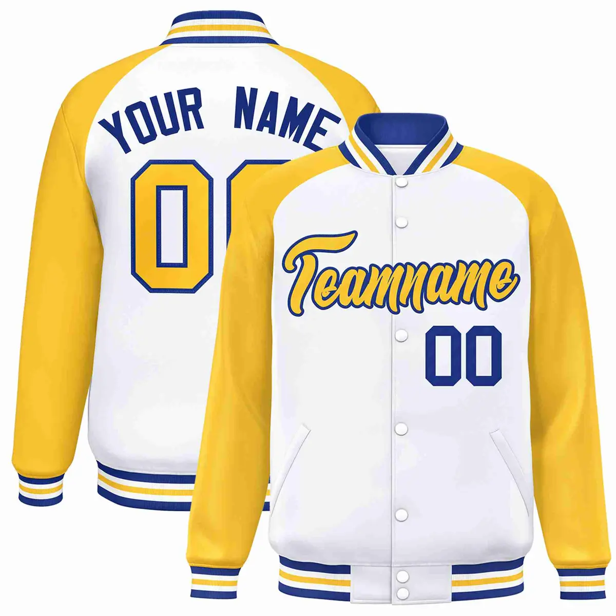 White Gold-Royal Raglan Sleeve Full-Snap Varsity Letterman Jacket