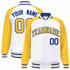 White Gold-Royal Raglan Sleeve Full-Snap Varsity Letterman Jacket