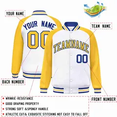 White Gold-Royal Raglan Sleeve Full-Snap Varsity Letterman Jacket 2